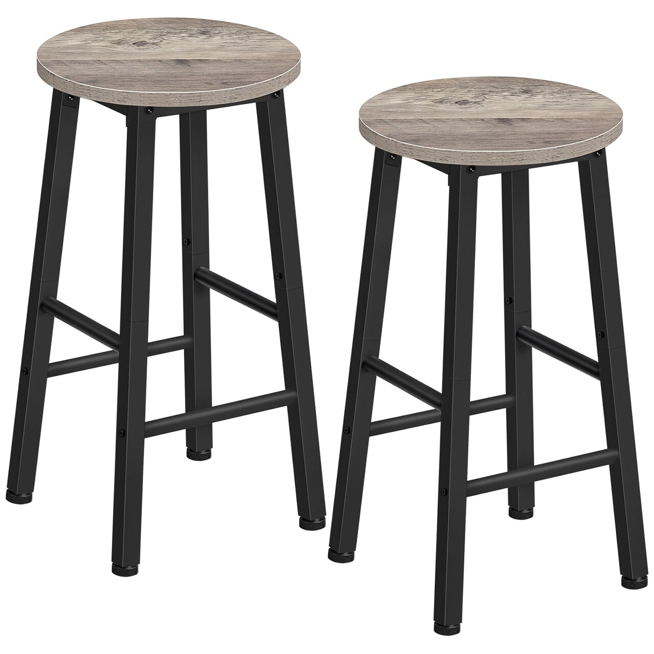 Set of 2 Counter Height Bar Stools, Round Seat, Metal Frame, Greige